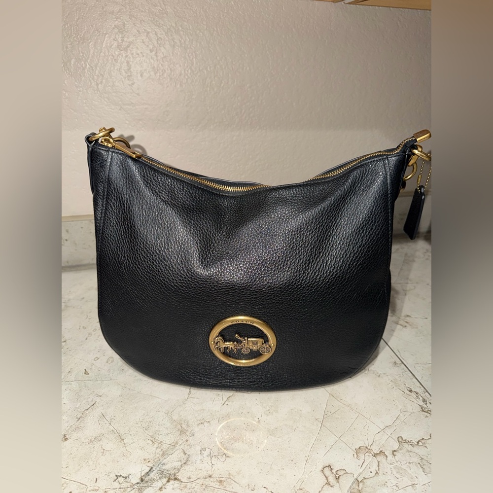 Coach Black Pebbled Leather Shoulder Hobo with Gold Logo